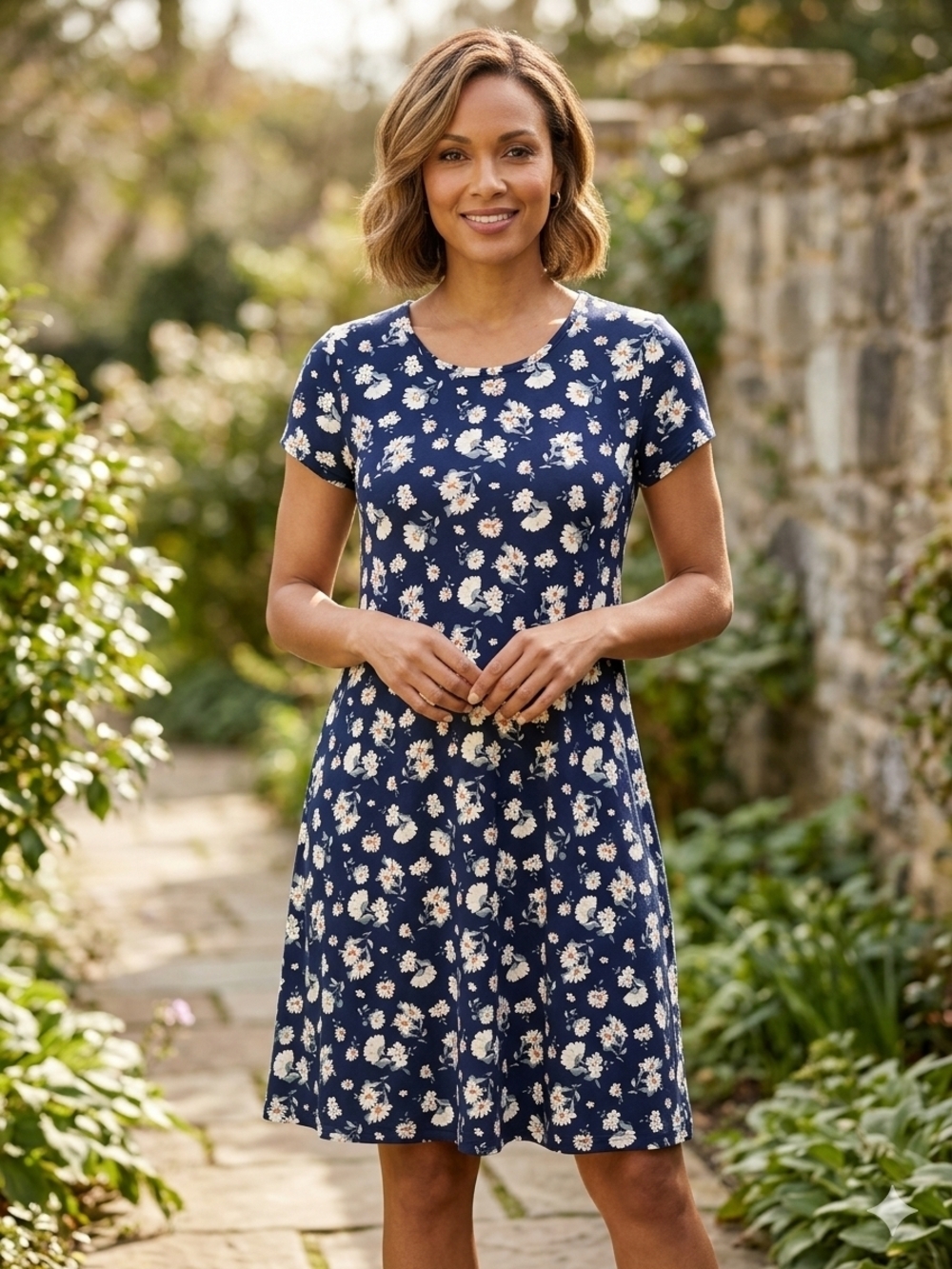 Short-Sleeve Navy Floral Swing Dress